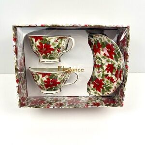 Elegance Poinsettia Set Of 2 Teacups and Saucers Christmas Red Green Gold Trim